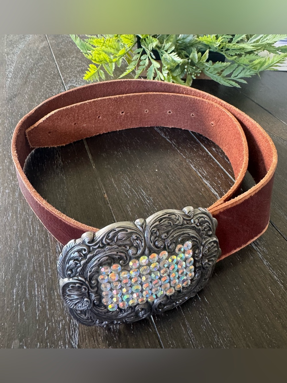 Fossil Brown Genuine Leather Belt with Rhinestone Western Buckle